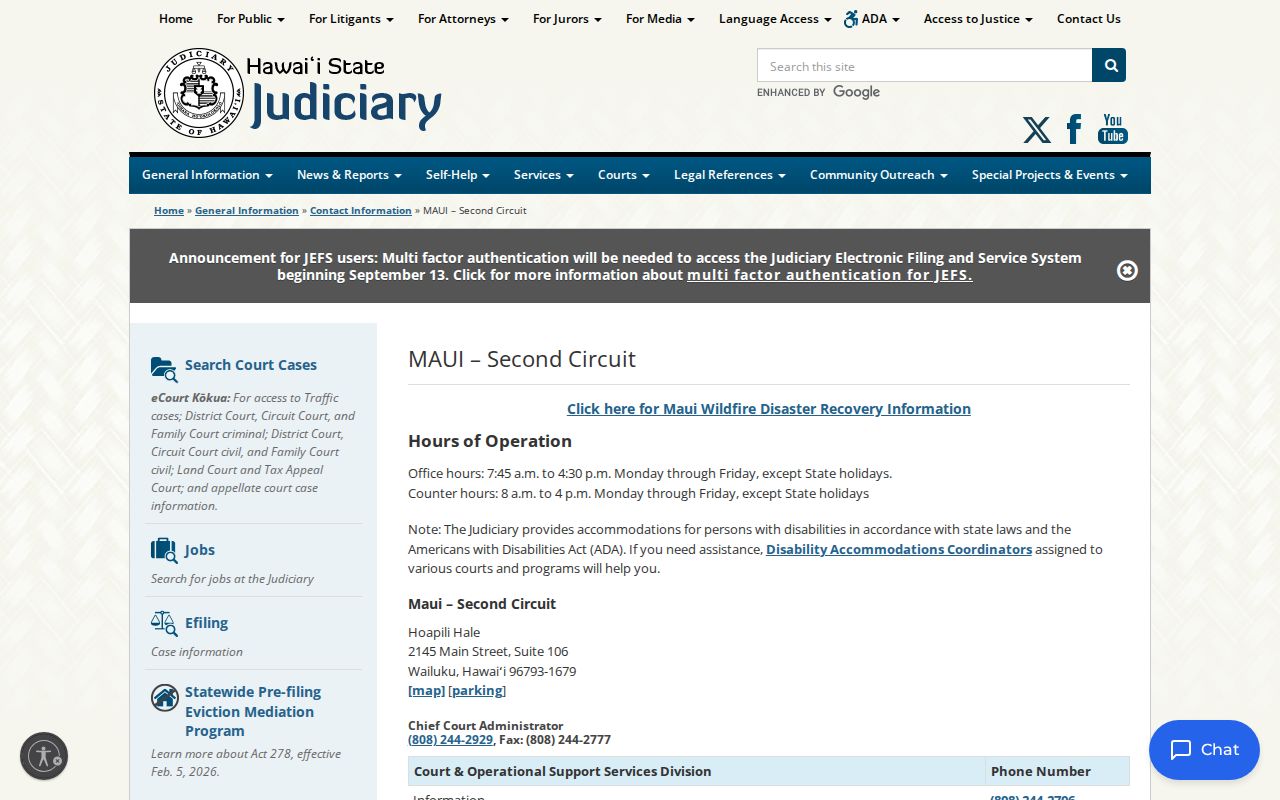 Kalawao County court calendar Second Circuit contacts