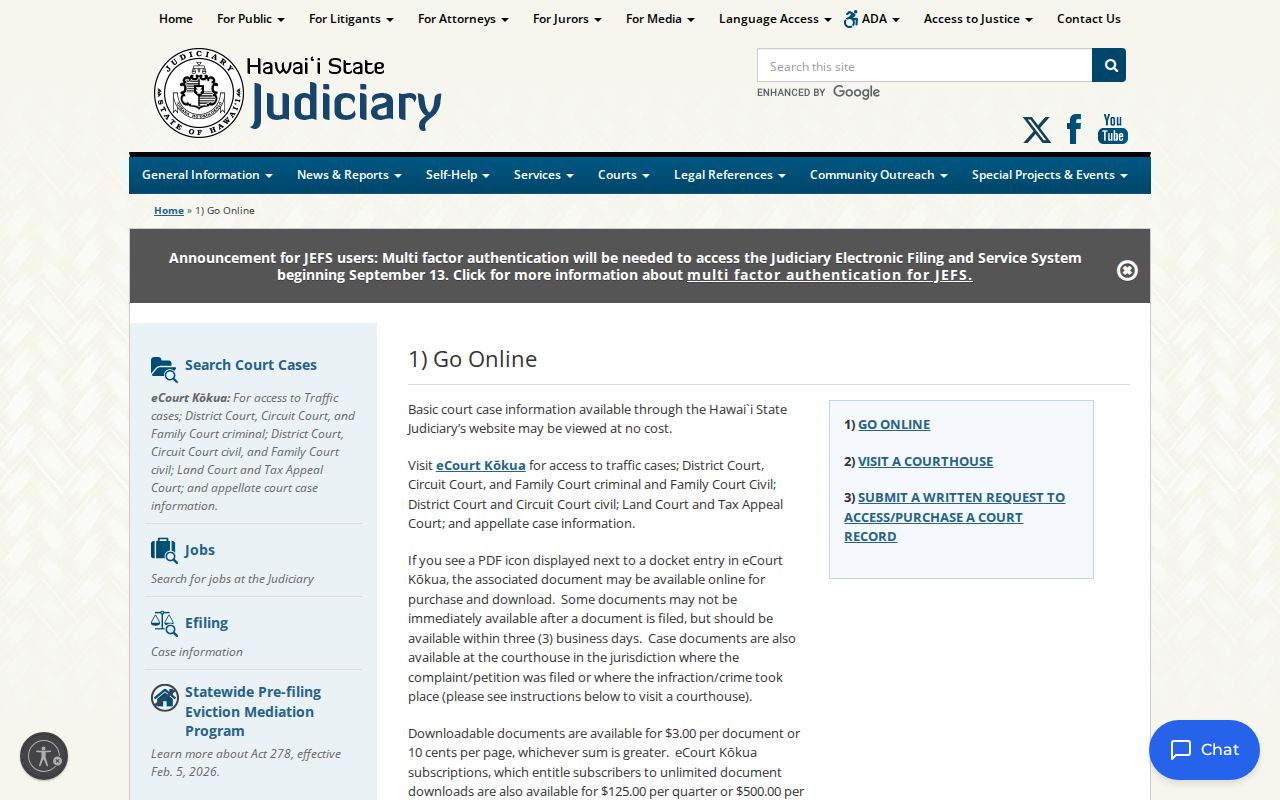 Kalawao County civil docket court record access options