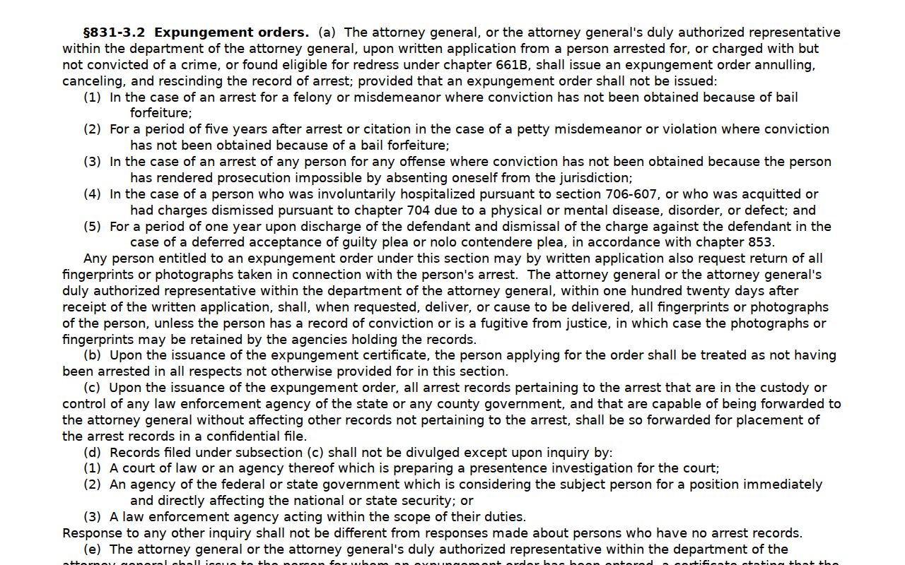 Kalawao County criminal docket expungement law