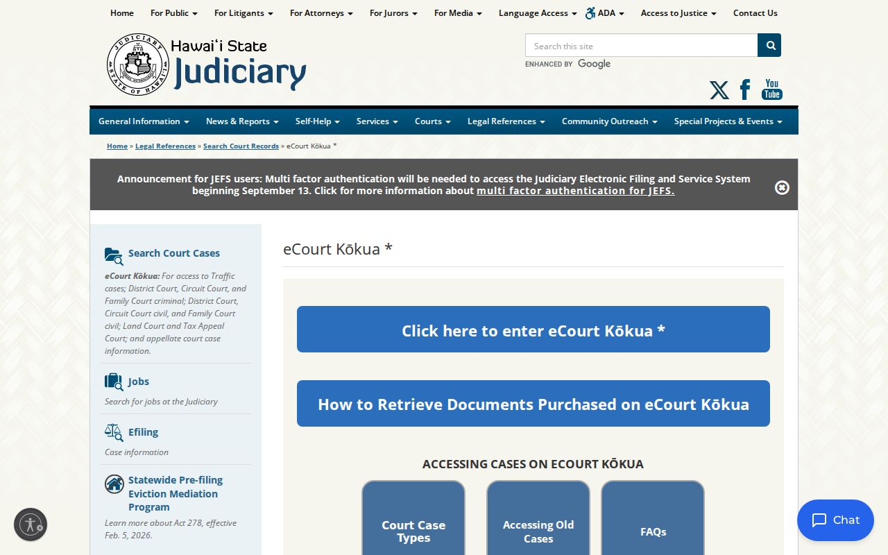 Kalawao County case lookup eCourt Kōkua entry