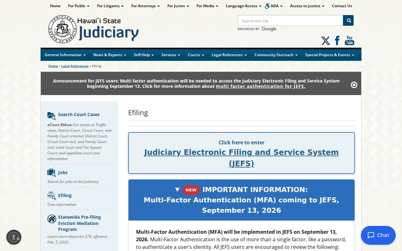 Kalawao County case lookup and JEFS filing access
